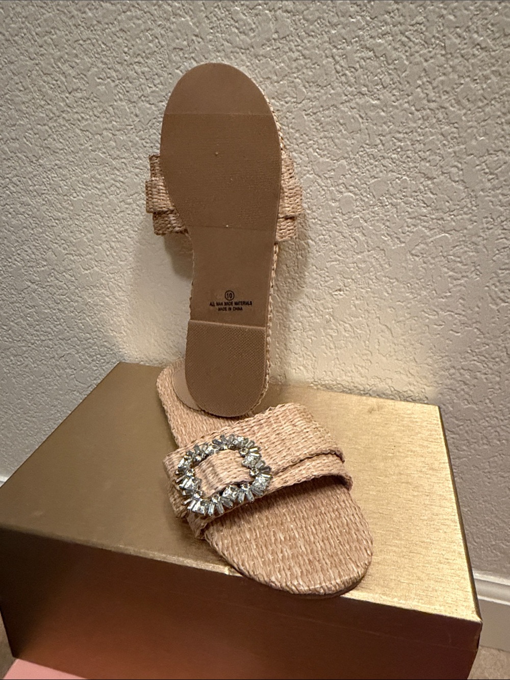 Fashion Nova Natural Straw Slide Sandals with Crystal Buckle